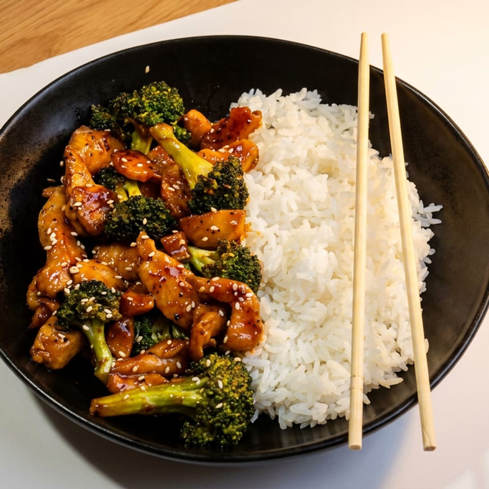 Black bowl of sesame-glazed chicken and broccoli served with white rice and chopsticks on a wooden table.