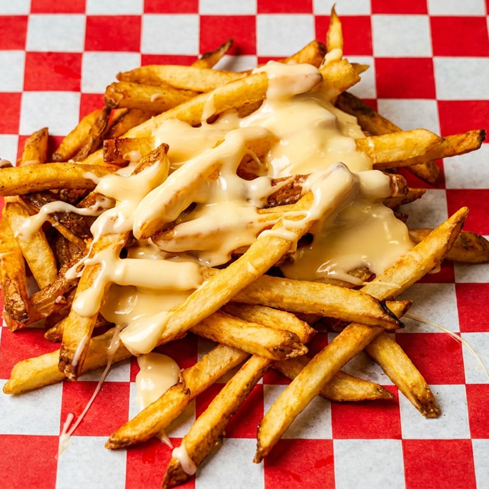 Crispy French fries topped with melted cheese on a red-and-white checkered diner paper.