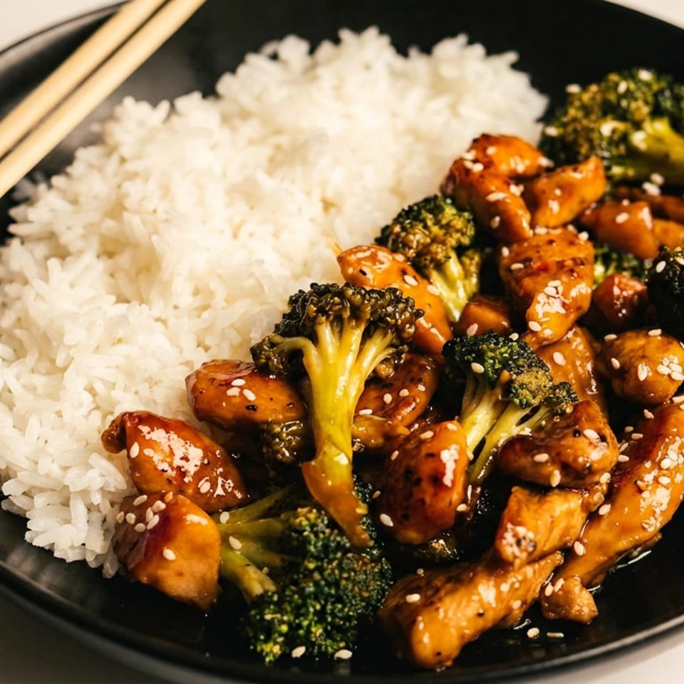 Black plate of sesame-glazed chicken and broccoli served with white rice and chopsticks.