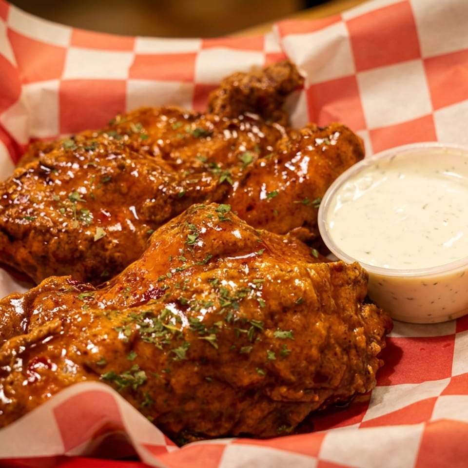 Saucy chicken wings sprinkled with herbs, served in a red-and-white checkered basket liner with creamy dipping sauce.