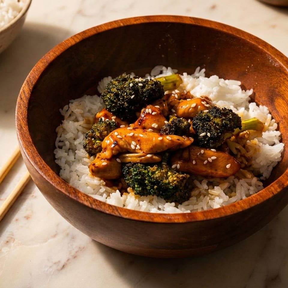 Wooden bowl of sesame-glazed chicken and broccoli over white rice, with chopsticks and a second rice bowl on marble.