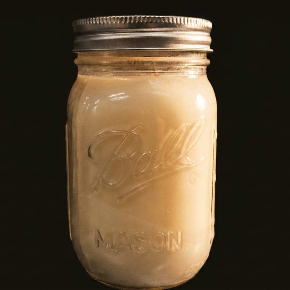 Sealed Mason jar filled with a creamy beige beverage against a dark background.